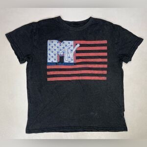 MTV USA Flag Graphic T-shirt Women Medium Black Short Sleeve Music